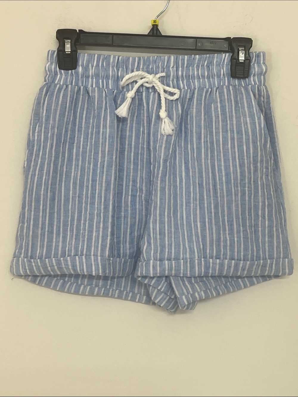 🌞 Ci Sono Light Blue & White Striped High-Waist Drawstring Shorts women S